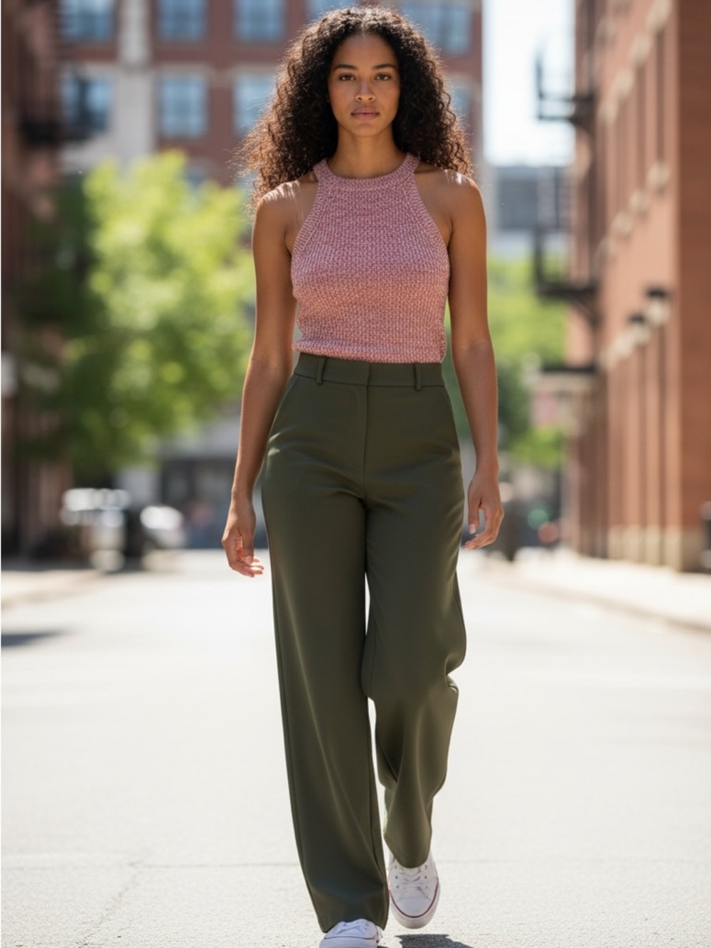 Minimalist Ribbed Halter Knit Tank Top - Rust & White - Picture 2 of 7